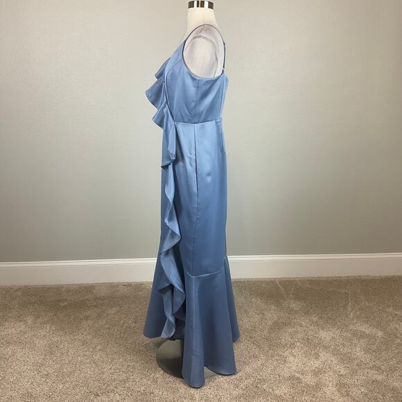 DKNY Satin Ruffled High Low Evening Gown Blue Size 16 Sleeveless V-Neck Dress - Picture 4 of 13